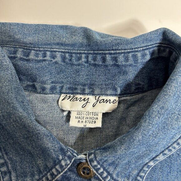 Vtg Mary Jane Denim Button Up Shirt Dark Wash Blue Embroidered Stars Flag Sz M - Picture 5 of 8